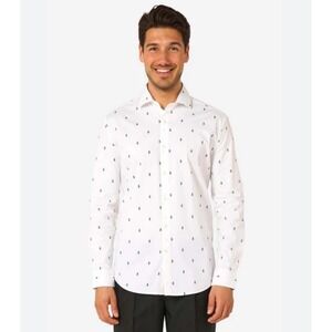 OPPO SUITS Mens White GreenTree Print Tailored Fit LongSleeve ButtonUp Shirt 2XL